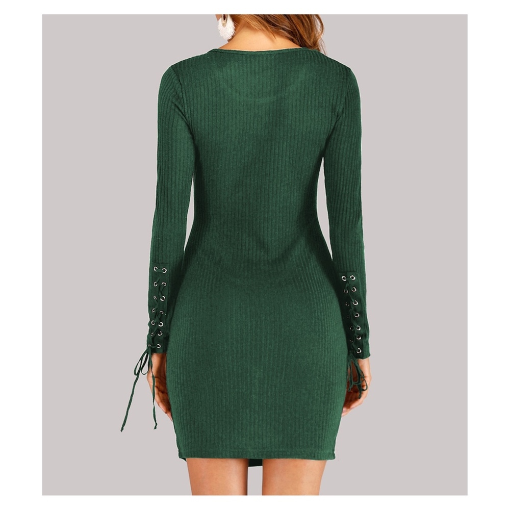 Green Lace Up Details Ribbed Bodycon Dress - Picture 3 of 8